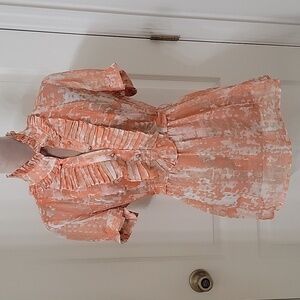 New York & Company Size M Short Sleeve Ruffle Front Sheer High Collar Blouse